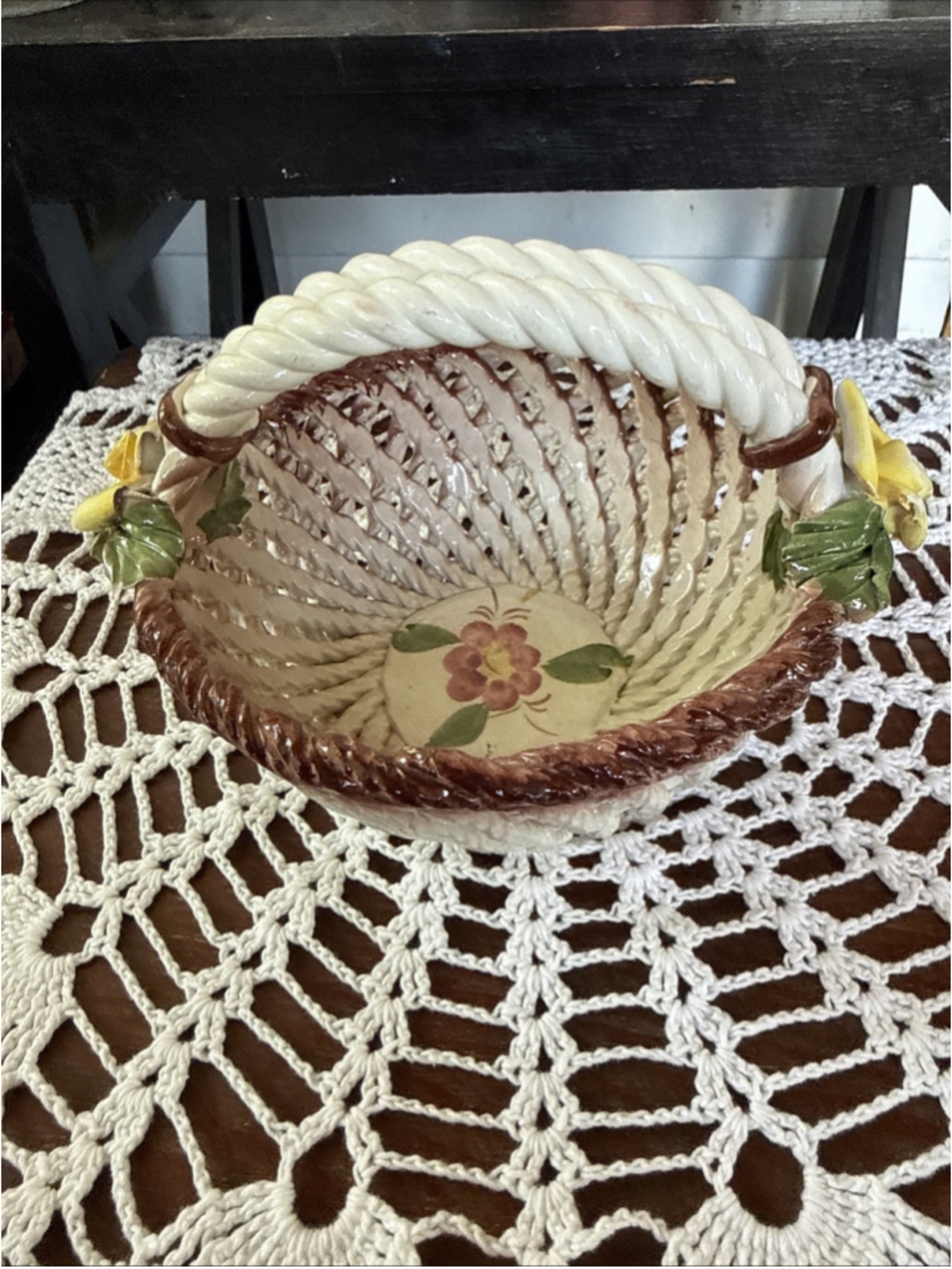 Vintage BASSANO Capodimonte Porcelain Lattice Basket Flower Floral Italy